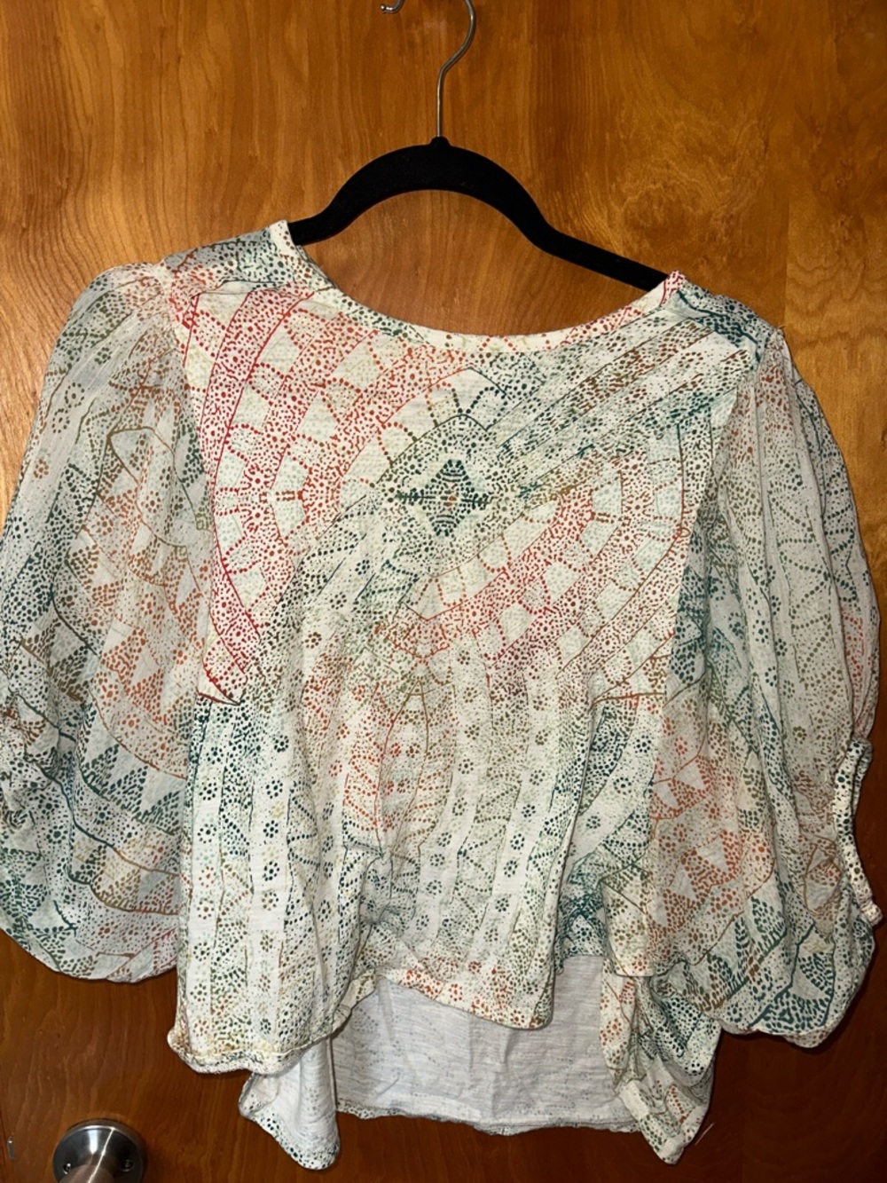 Anthro White Multicolor Lace-Print Puff Sleeve Blouse